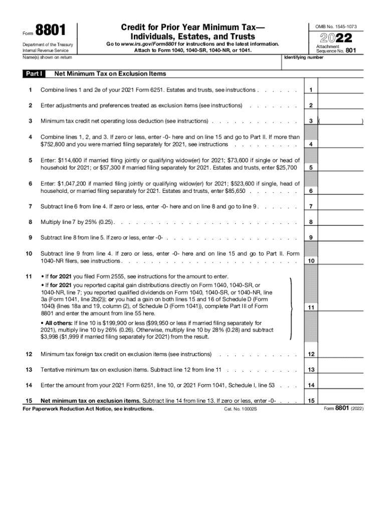  About Form 8801, Credit for Prior Year Minimum TaxInstructions for Form 8801 Internal Revenue ServiceInstructions for Form 8801  2022