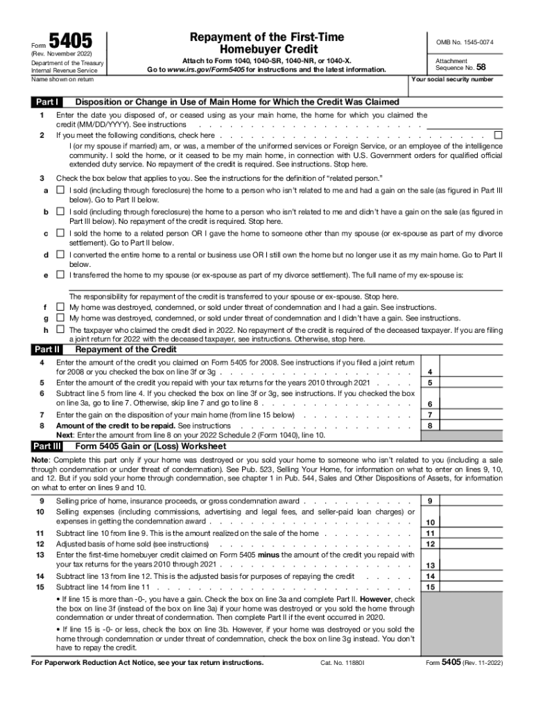  Form 5405 Rev November Repayment of the First Time Homebuyer Credit 2022-2024