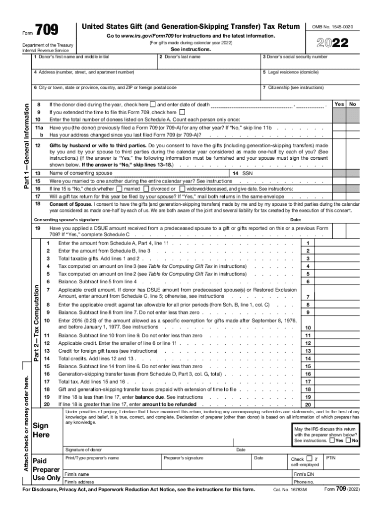  Forms and Instructions PDF709 United States Gift and Generation Skipping Transfer Tax ReturnForm 709 United States Gift and Gene 2022-2024