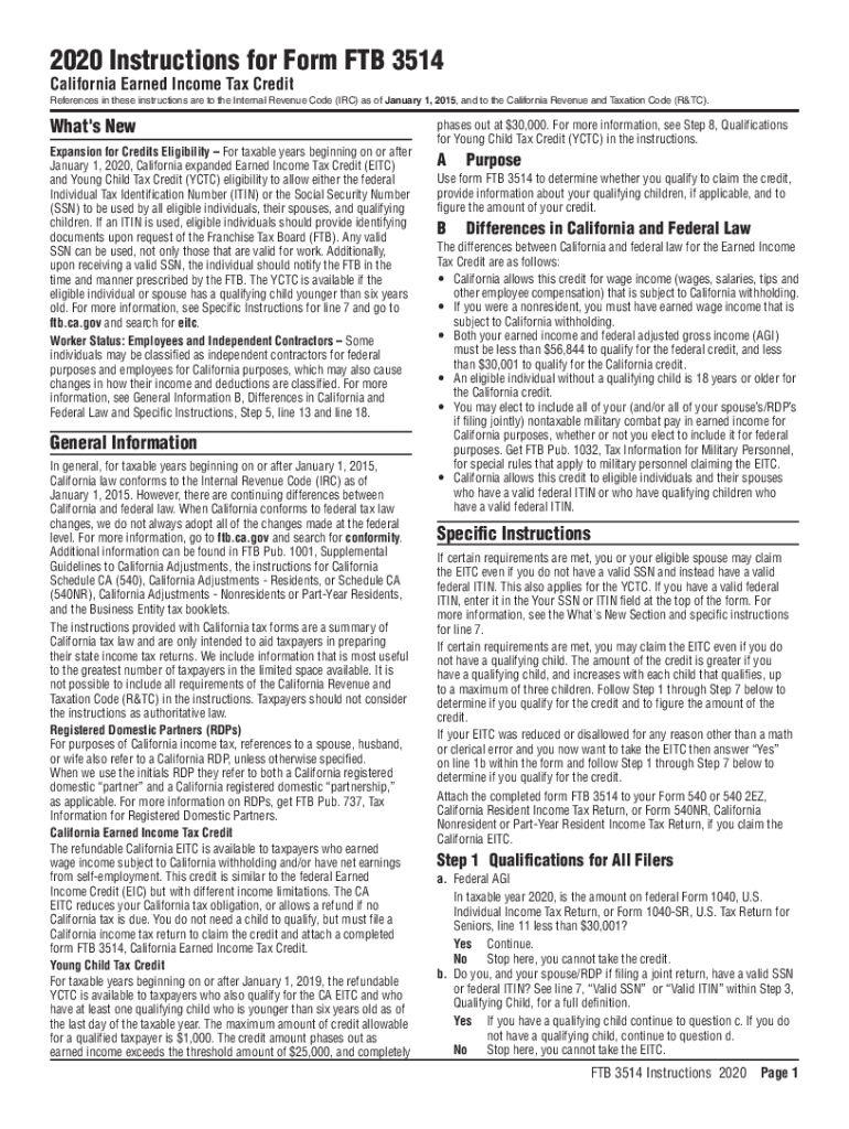  Instructions for Form FTB 3514, California Earned Income Tax Credit 2020