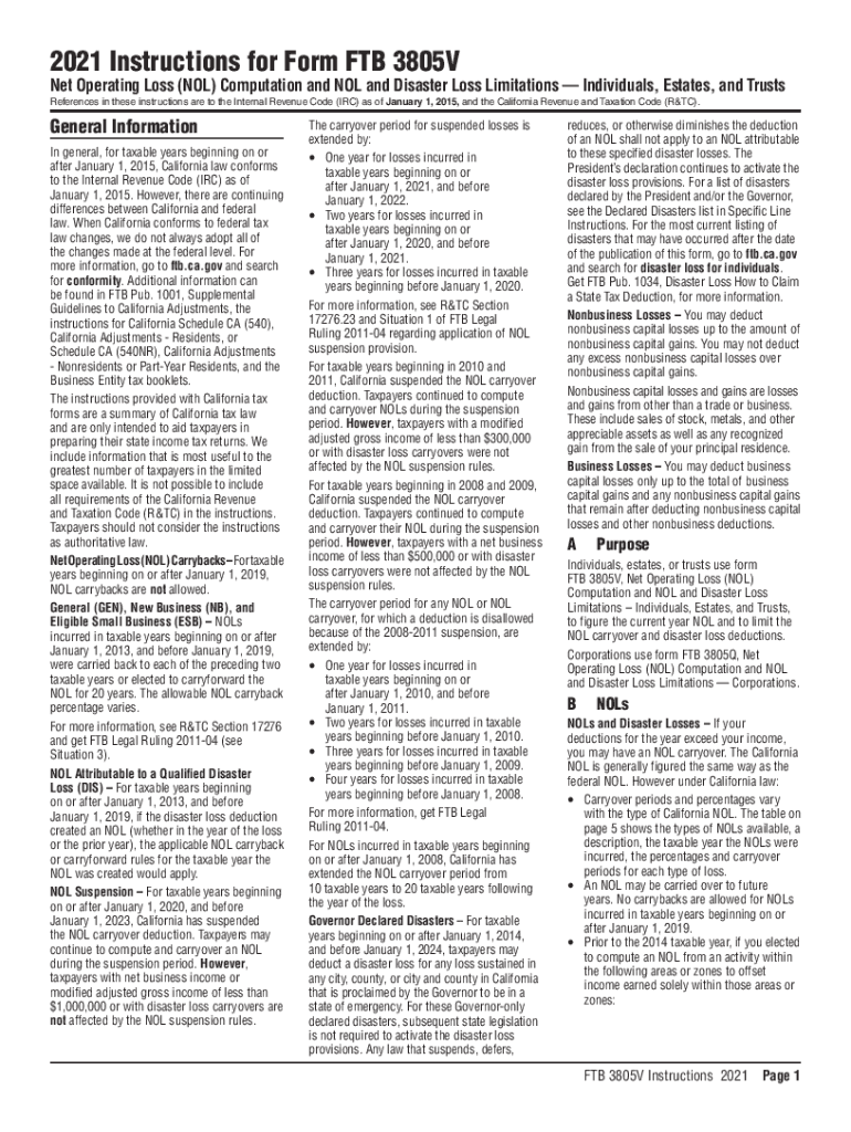 Instructions for Form FTB 3805V Net Operating Loss NOL Computation and NOL and Disaster Loss Limitations Individuals, Estates, a