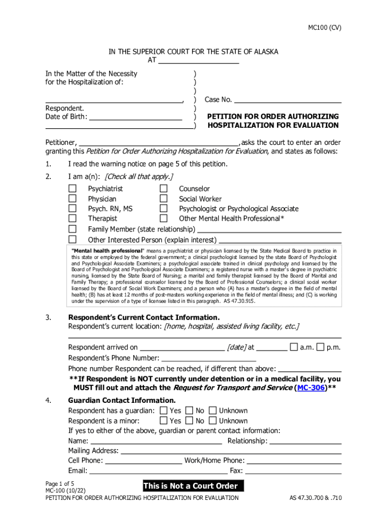  MC 100 Petition for Order Authorizing Hospitalization for Evaluation 2022-2024