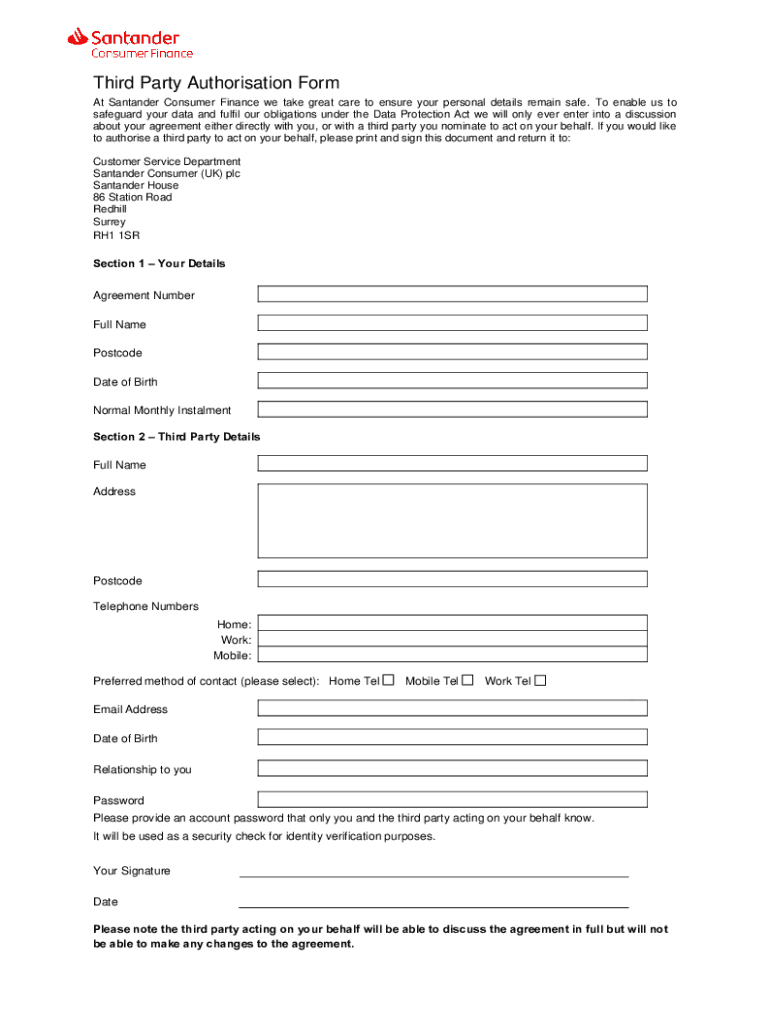 Santander Third Party Authorisation Fill and Sign Printable Template  Form