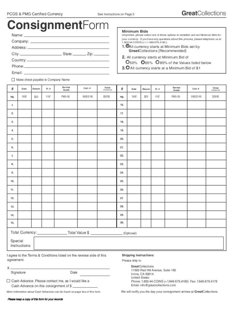 GreatCollections Currency Consignment Form