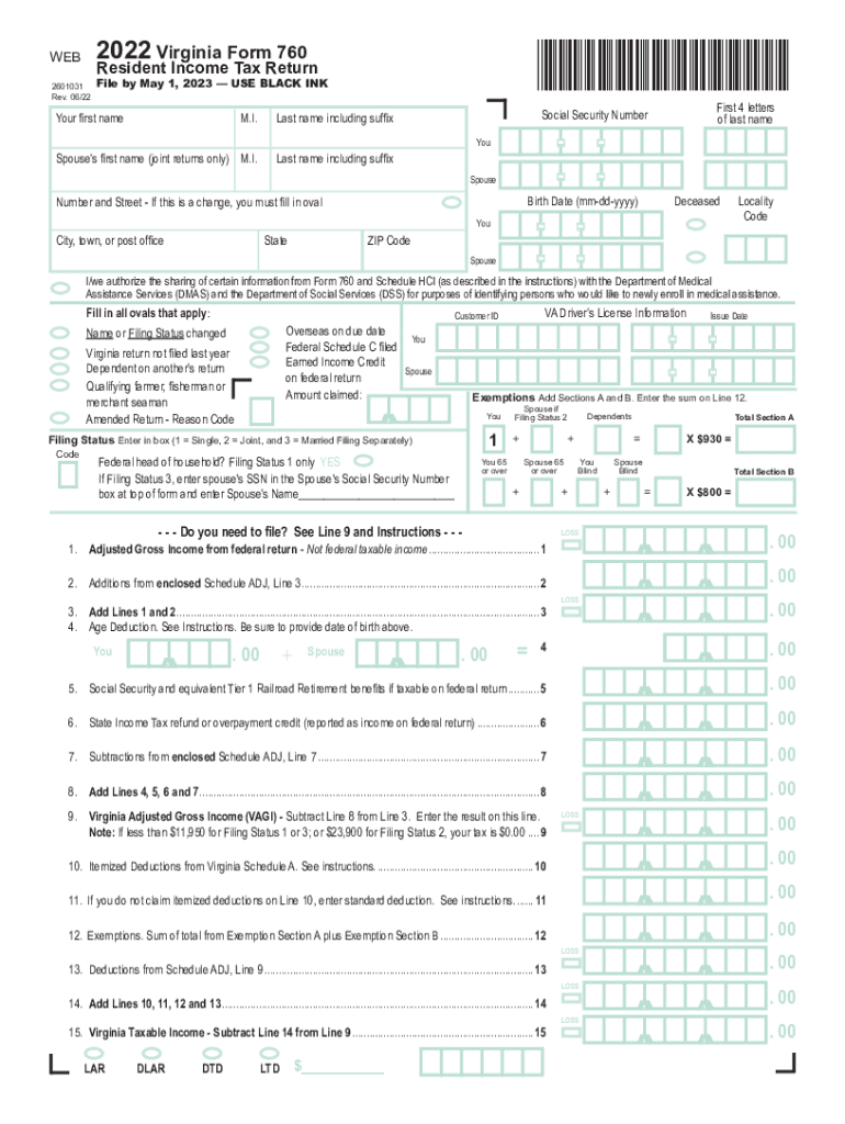  Draft Virginia Resident Form 760 Individual Income Tax Return Virginia Resident Form 760 2022-2024