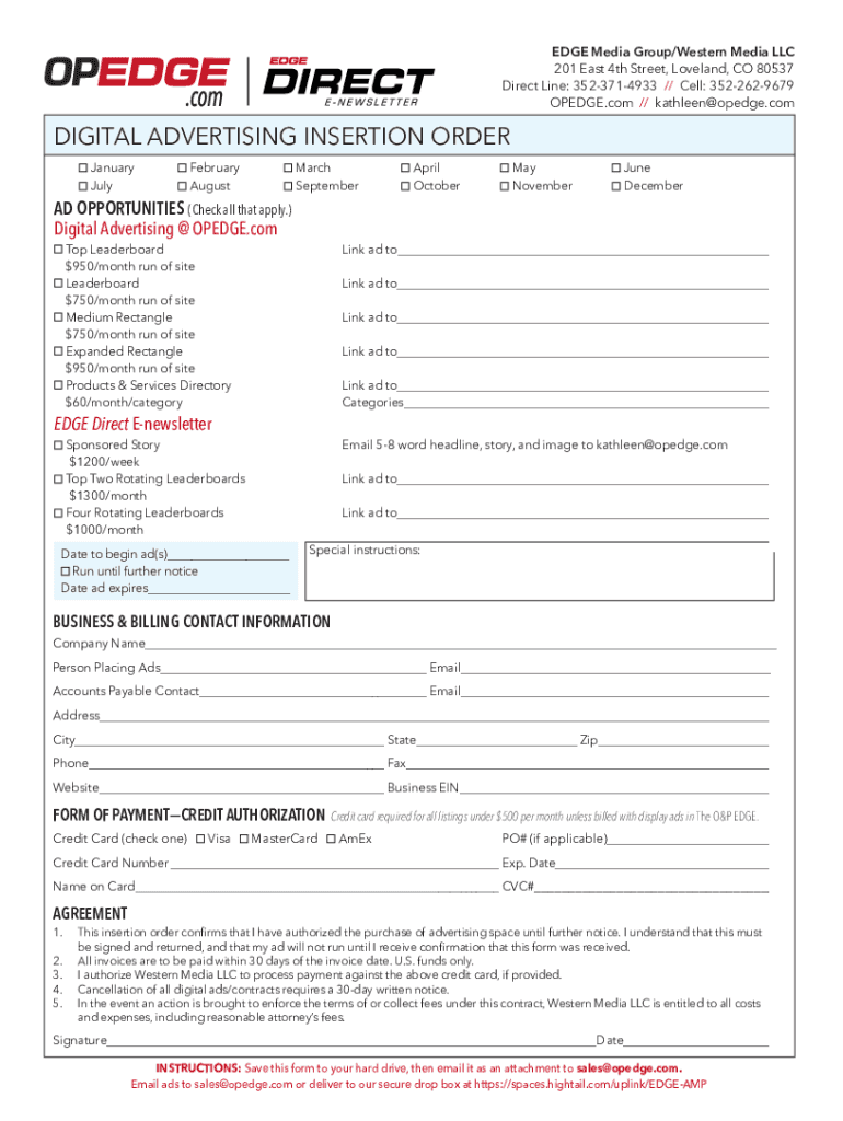 Opedge Comwp ContentuploadsO&amp;amp;P JOBS CALENDAR INSERTION ORDER Opedge Com  Form