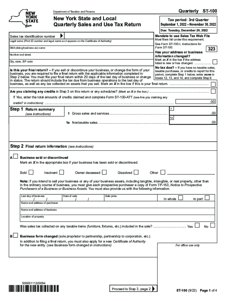  Form ST 100 New York State and Local Quarterly Sales and Use Tax Return Revised 922 2022