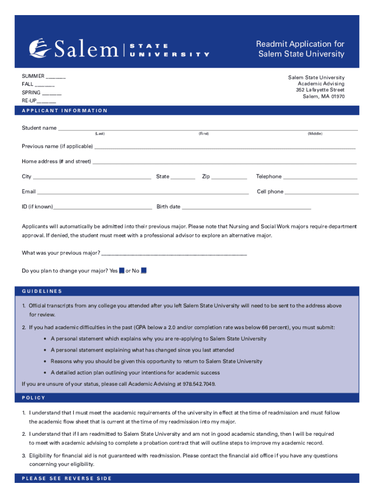 Readmit Application for Salem State University  Form