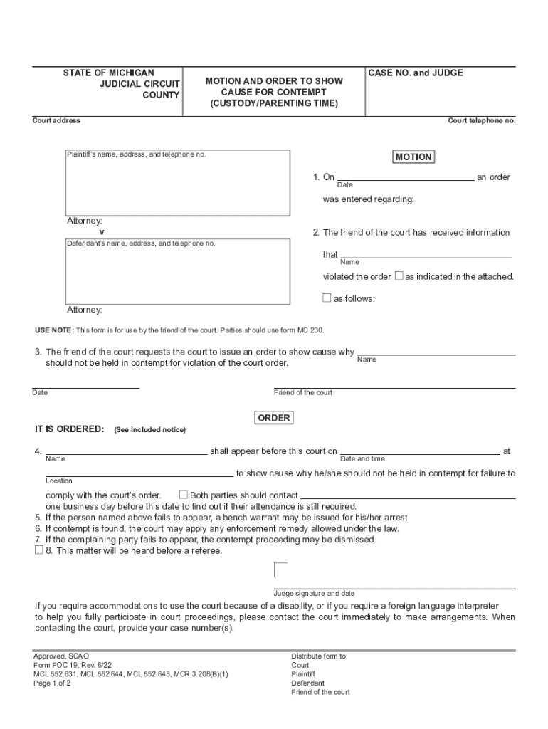  FOC 19, Motion and Order to Show Cause for Contempt CustodyParenting Time 2022-2024