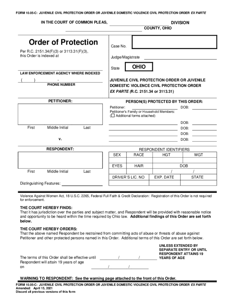 Form 10 05 C Juvenile Civil Protection Order or Juvenile Domestic
