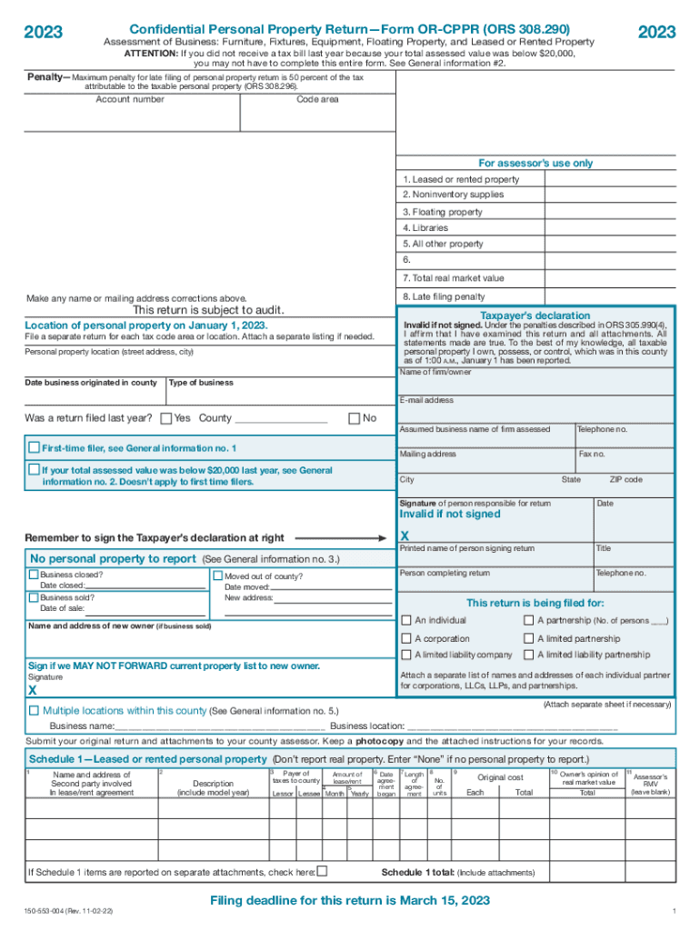  Form or CPPR 150 553 004 &amp;quot;Confidential Personal Property Return&amp;quot; Oregon 2023-2024