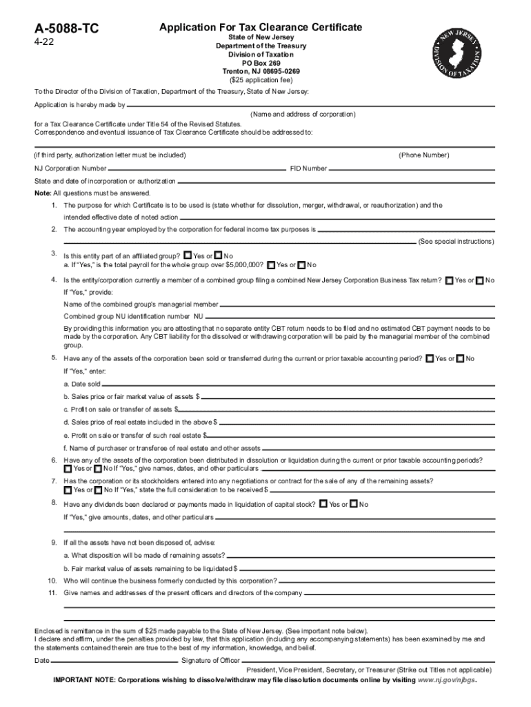 Application for Tax Clearance Certificate, Form a 5088 TC