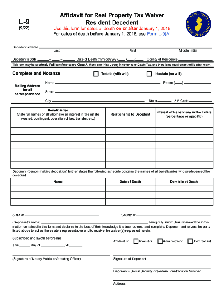  Fill Fillable Form L 9 Affidavit for Real Property Tax Waiver 2022-2024