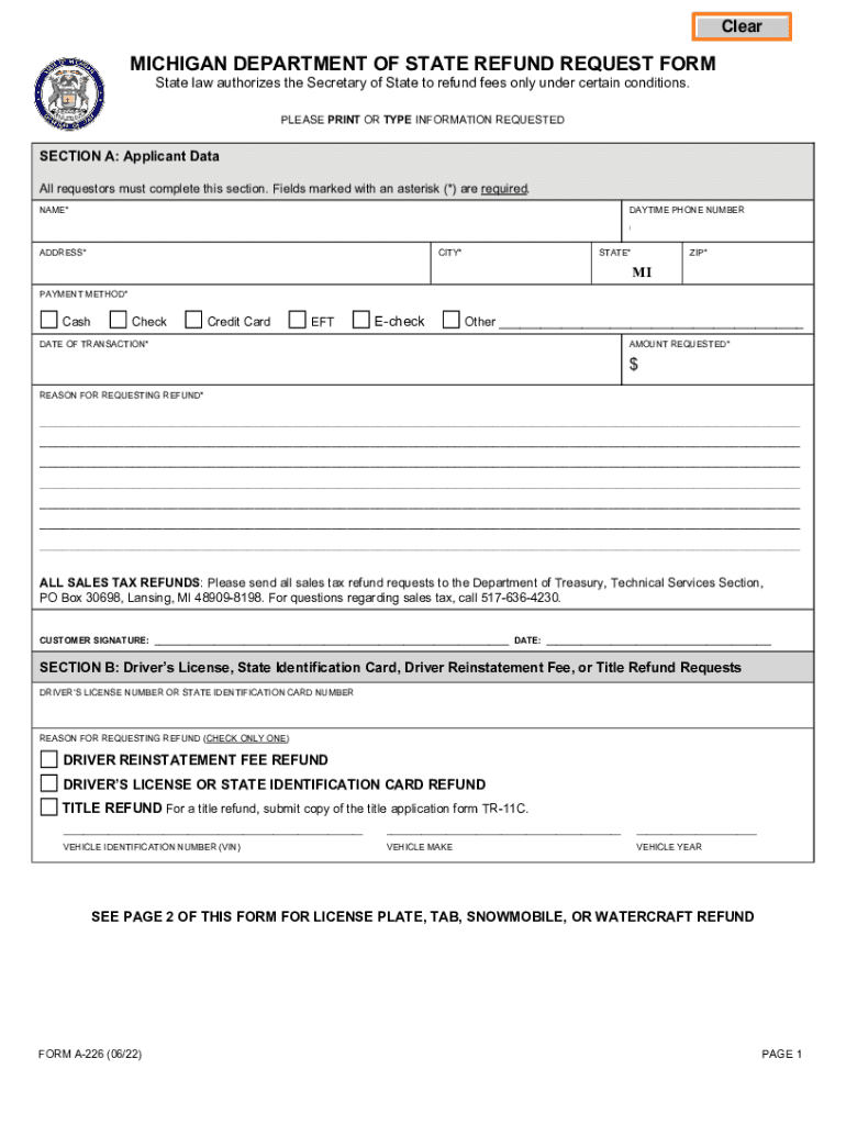 Michigan Refund Request 20222023 Form Fill Out and Sign Printable