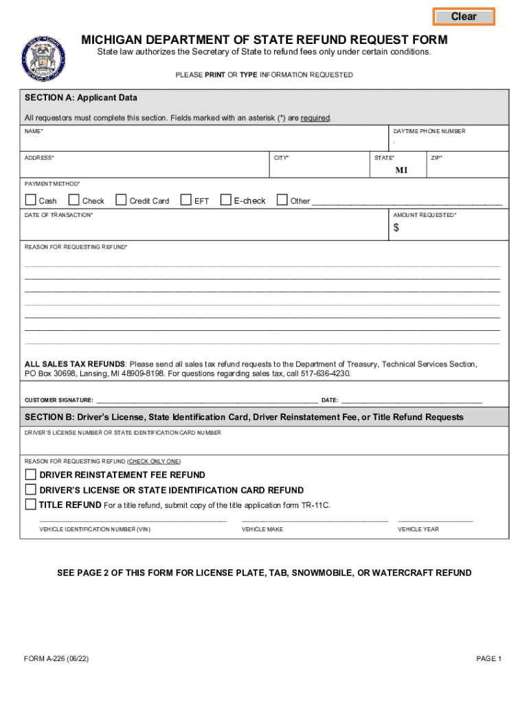  D2l2jhoszs7d12 Cloudfront NetstateMichiganMichigan Department of State Refund Request Form a 226 2022-2024