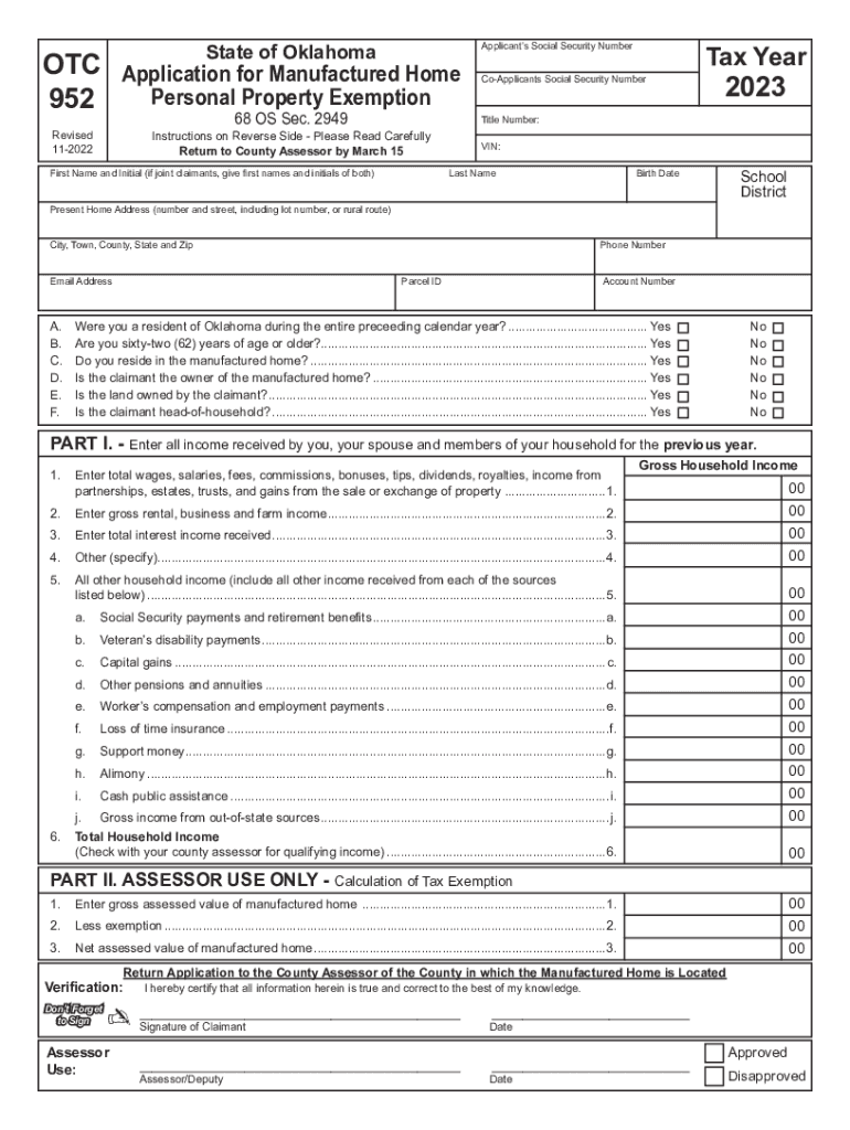 2023 Form 952 Application for Manufactured Home Personal Property Exemption