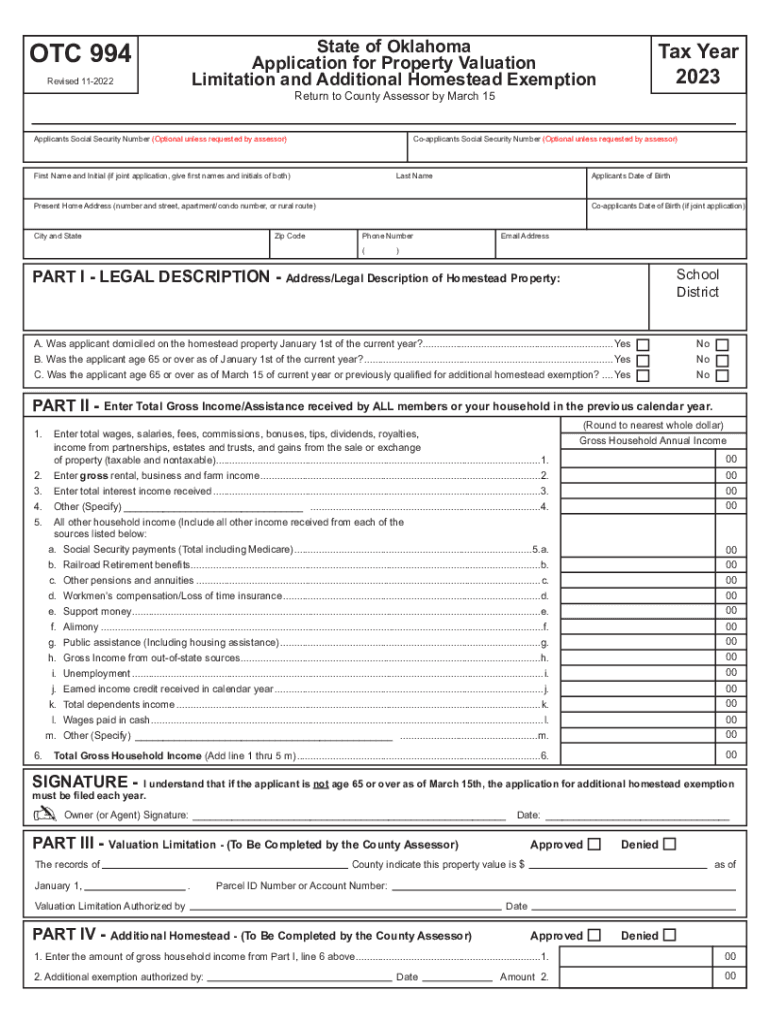  2023 Form 994 Application for Property Valuation Limitation and Additional Homestead Exemption 2023-2024