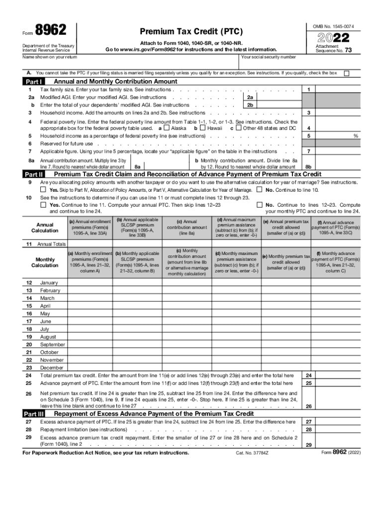  Federal Form 8962 Premium Tax Credit TaxFormFinder 2022-2024
