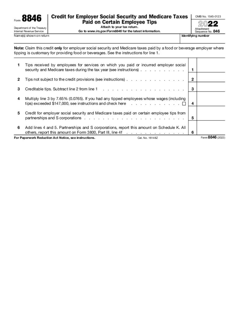  IRS Form 8846 &amp;quot;Credit for Employer Social Security and Medicare Taxes 2022