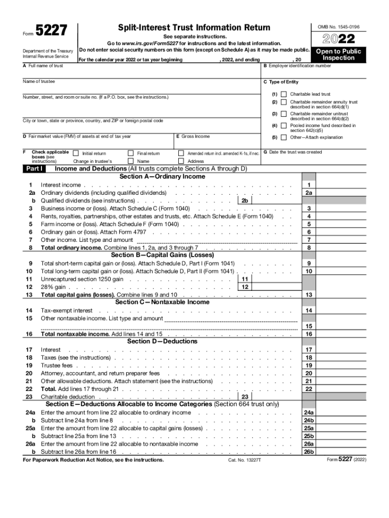  Split Interest Trust Annual Return Form 5227Internal Revenue Service 2022