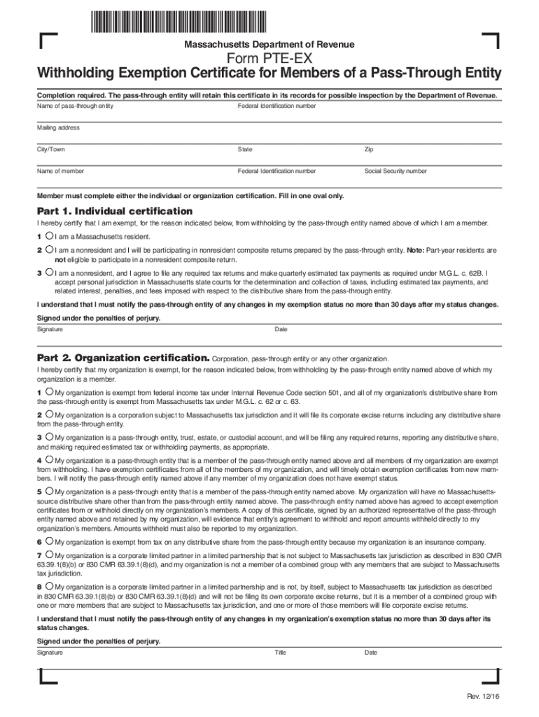  Massachusetts Department of Revenue Form PTE EX Withholding Exemption 2016-2024