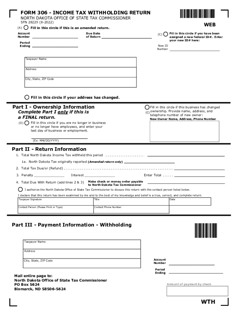  Form 306 Income Tax Withholding Return North Dakota Office of State 2022-2024