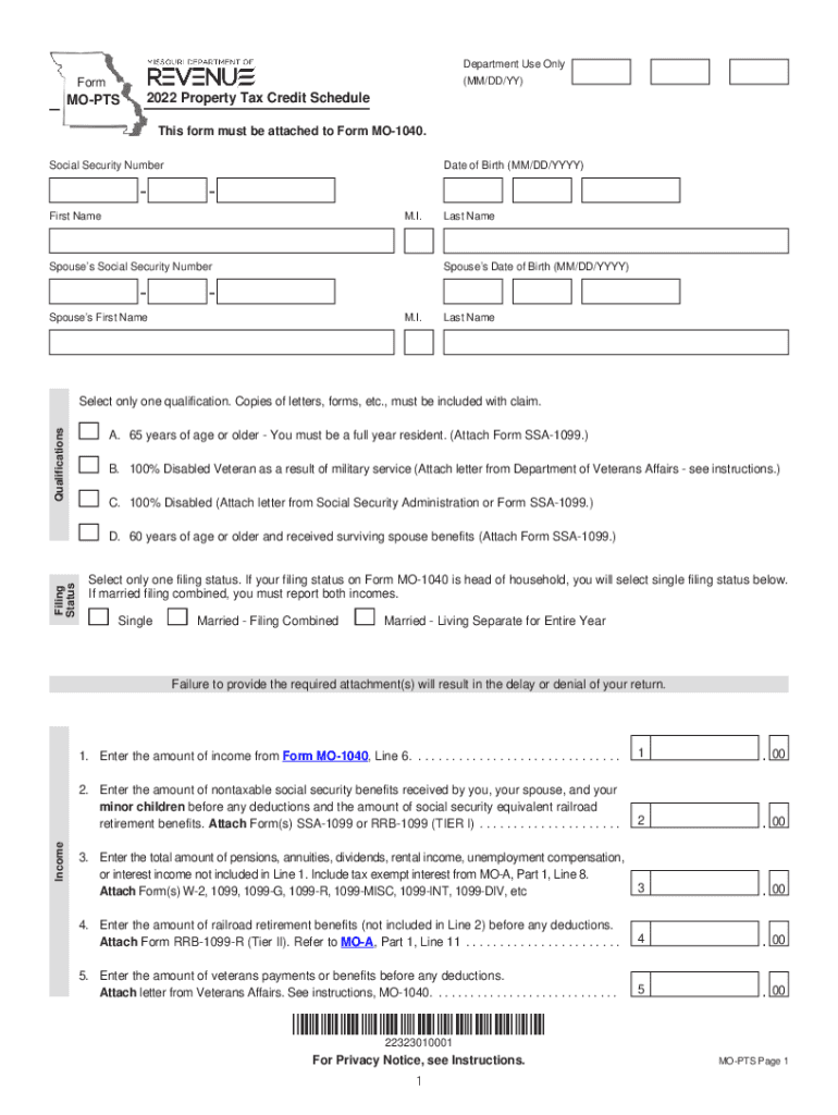 Form MO PTS Property Tax Credit Schedule