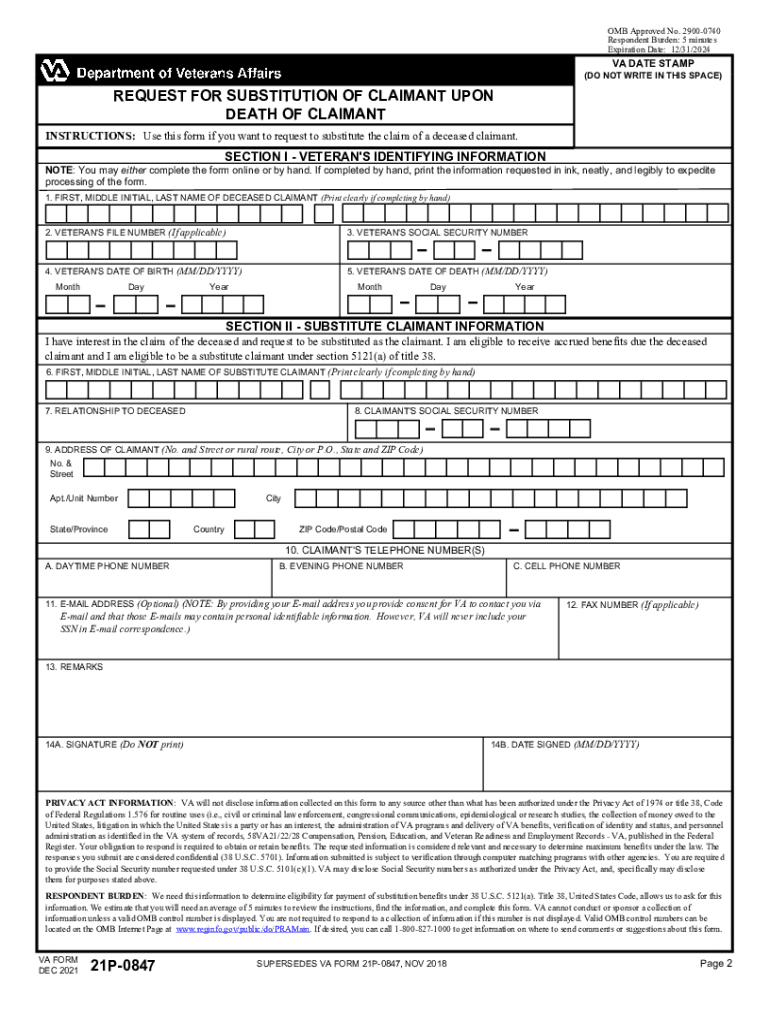  VA Form 21P 0847 REQUEST for SUBSTITUTION of CLAIMANT UPON DEATH of CLAIMANT 2021-2024