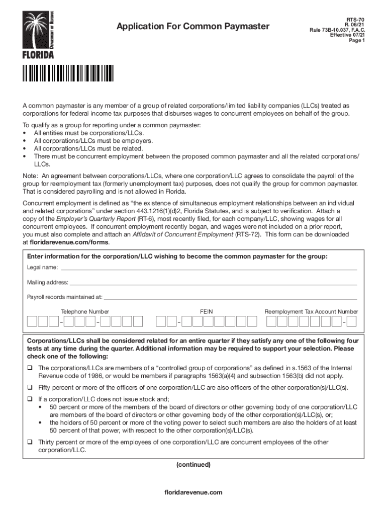 Floridarevenue ComFormslibrarycurrentApplication for Common Paymaster Rule 73B 10 037, F a C