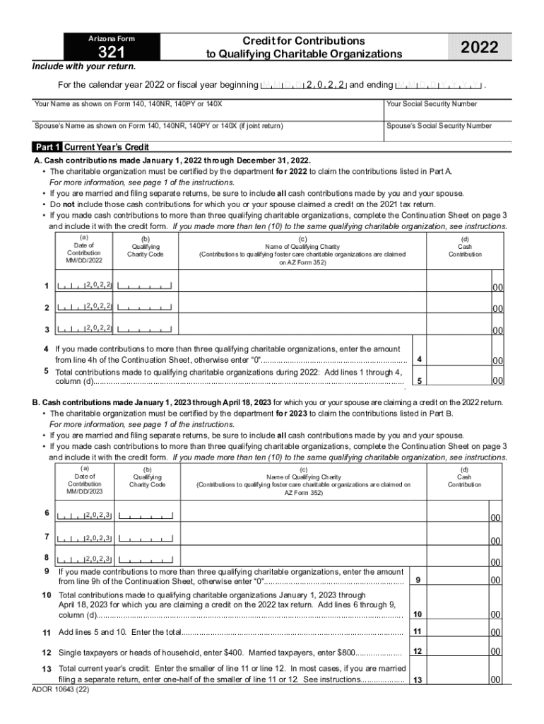  Azdor Govformstax Credits FormsCredit for Contributions to Qualifying Charitable AZDOR 2022