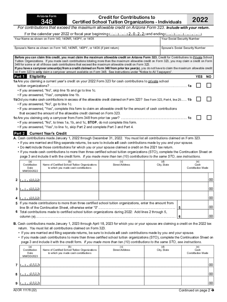  Arizona Form 348 Credit for Contributions to Certified School Tuition 2022