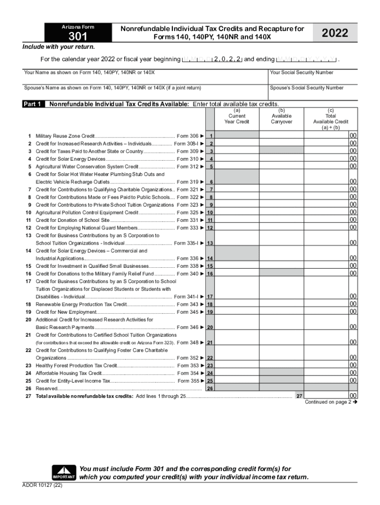  Arizona Form 301 Nonrefundable Individual Tax Credits AndArizona Form 301 Nonrefundable Individual Tax Credits AndIndividual Inc 2022