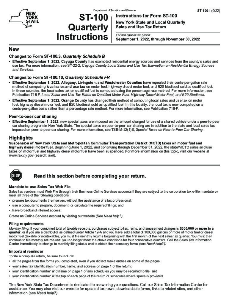  Instructions for Form ST 100 New York State and Local Quarterly Sales and Use Tax Return Revised 922 2022