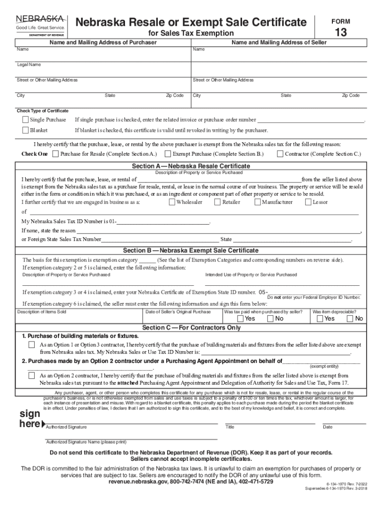  Nebraska Certificate of Exemption for Mobility Enhancing FORM Equipment 2022-2024