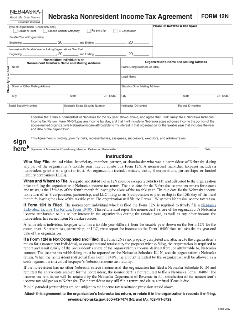  Revenue Nebraska Govtax Forms2021FORM 12N Nebraska Nonresident Income Tax Agreement 2022-2024