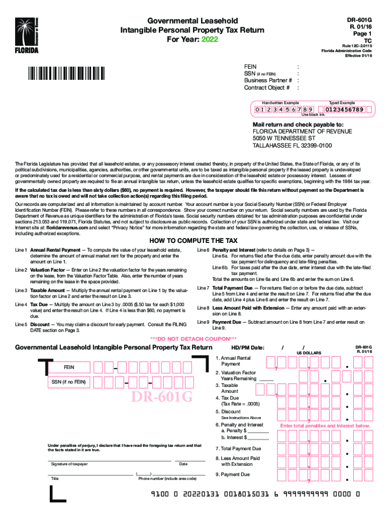  Form DR 601G &amp;quot;Governmental Leasehold Intangible Personal Property Tax 2022-2024