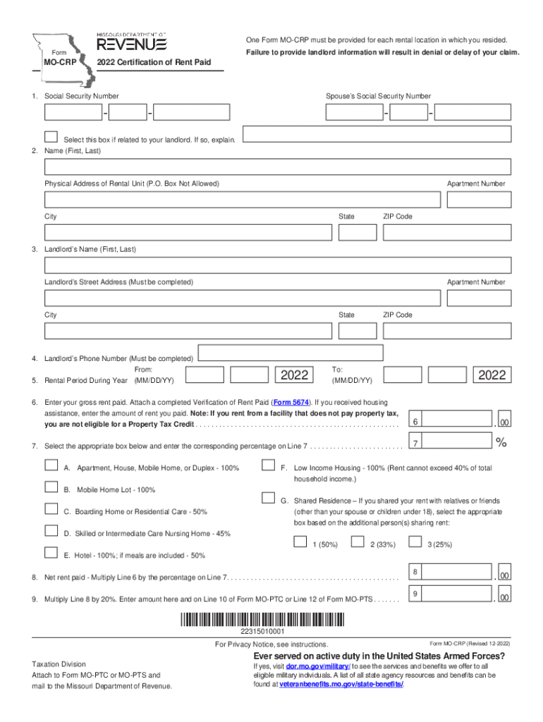 Missouri Form MO CRP Certification of Rent Paid 2020Missouri Form MO CRP Certification of Rent Paid 2020Missouri Form MO PTC Pro