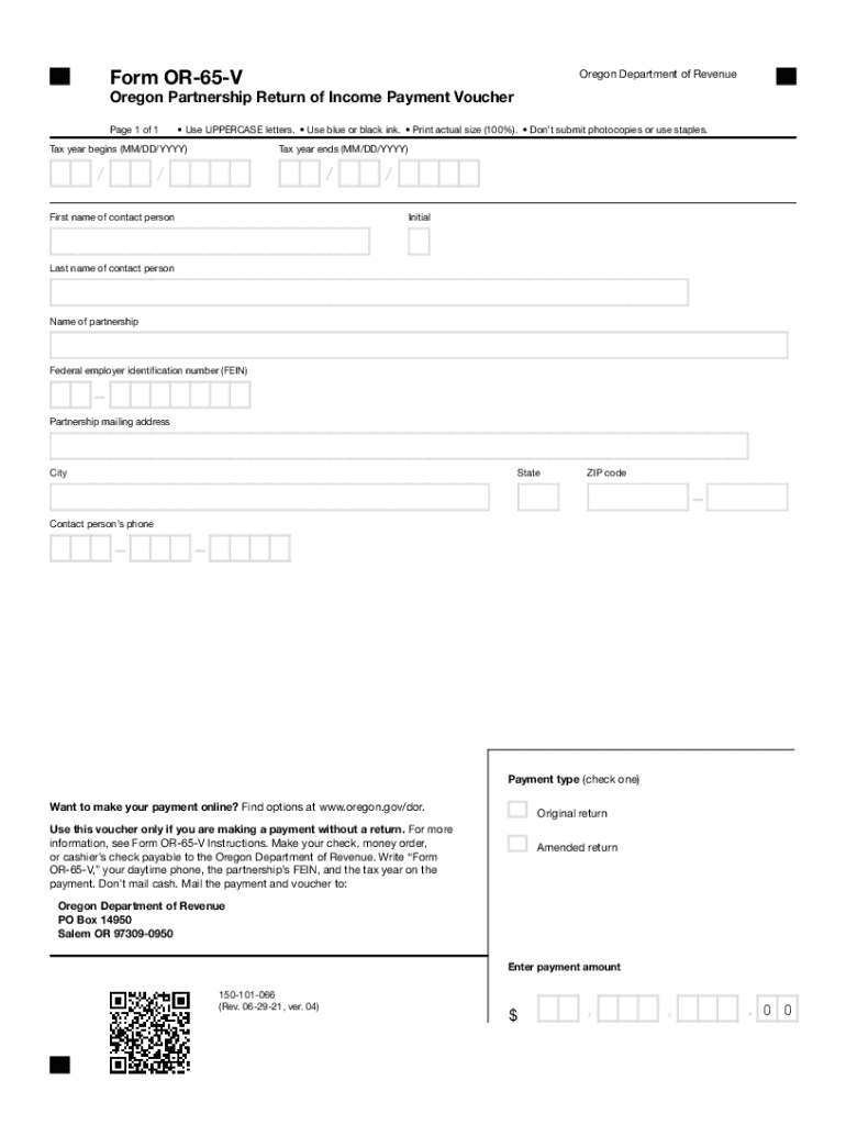  Form or 65 V, Oregon Partnership Return of Income Payment Voucher, 150 2021-2024