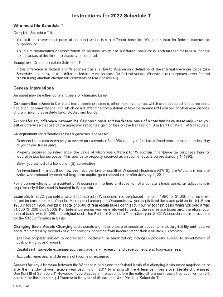  I 119 Instructions for Wisconsin Schedule T Wisconsin Schedule T Instructions 2022