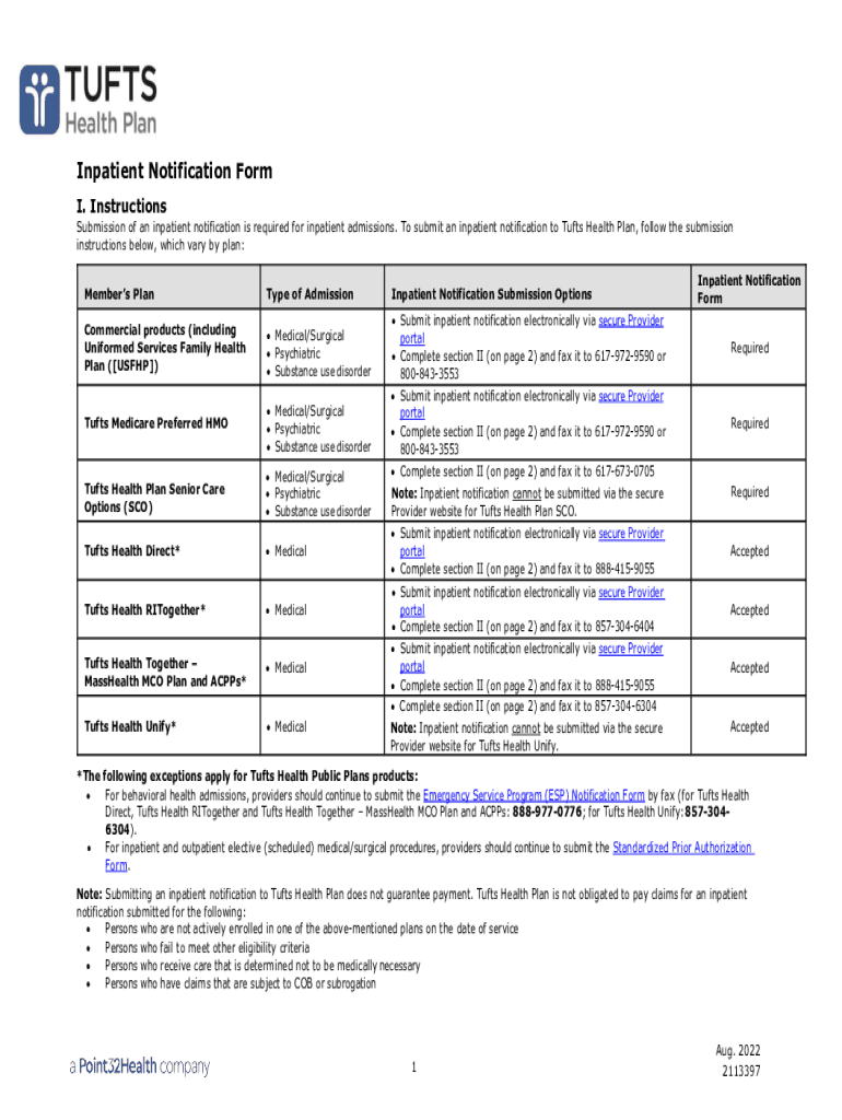  Tufts Inpatient Notification Form 2022-2024