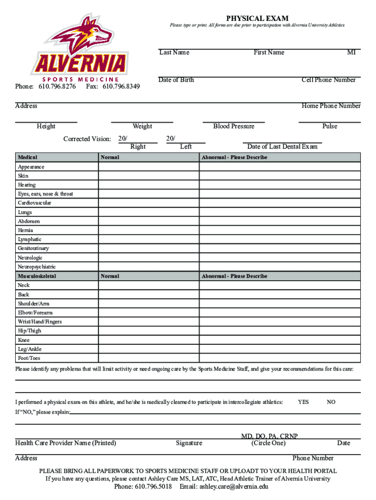 Auwolves Com8SportsMedPhysicalFormSports Med Physical Form PDF Alvernia University Athletics