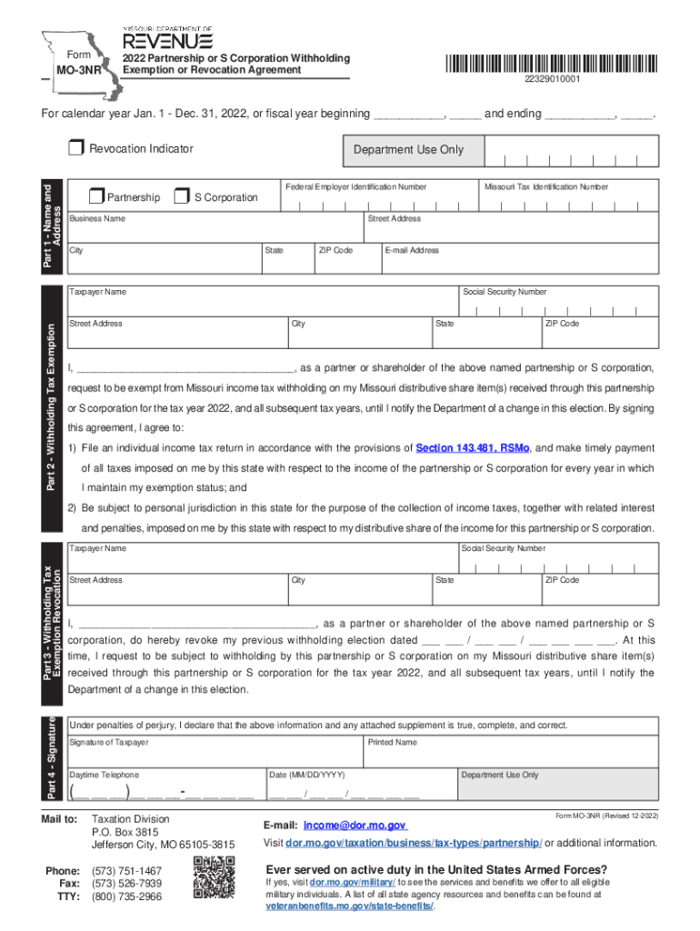  Missouri Form MO 3NR Partnership S Corporation Withholding Exemption 2022