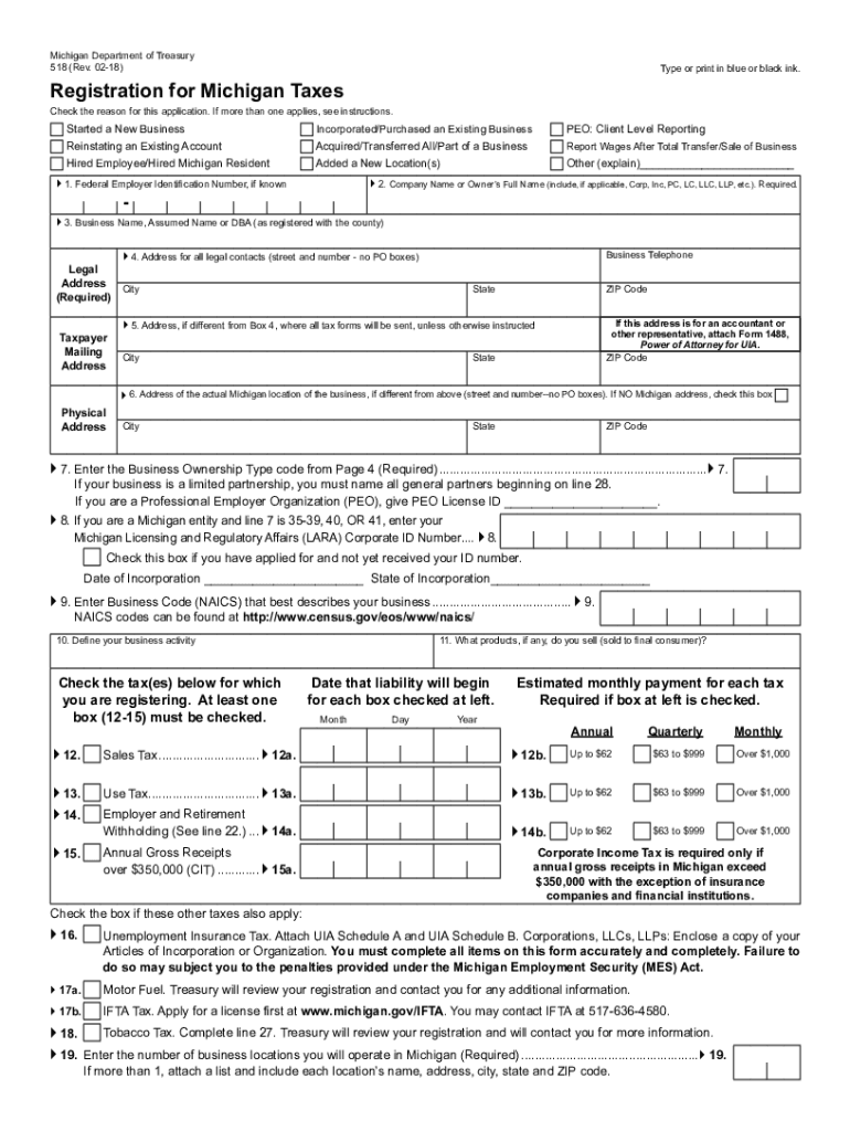  Fillable Michigan Department of Treasury 518 Rev 02 18 KallasLEO Michigan Business Tax Registration, Online &amp;amp; Form 518Mi 2022-2024