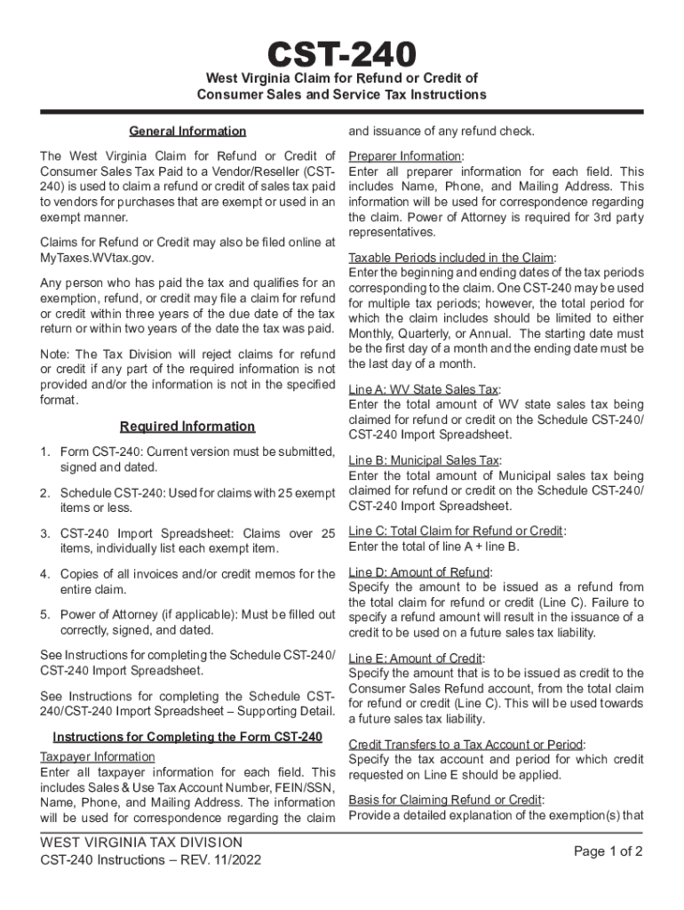  Instructions for Form CST 240 &amp;quot;West Virginia Claim for Refund or Credit 2022-2024