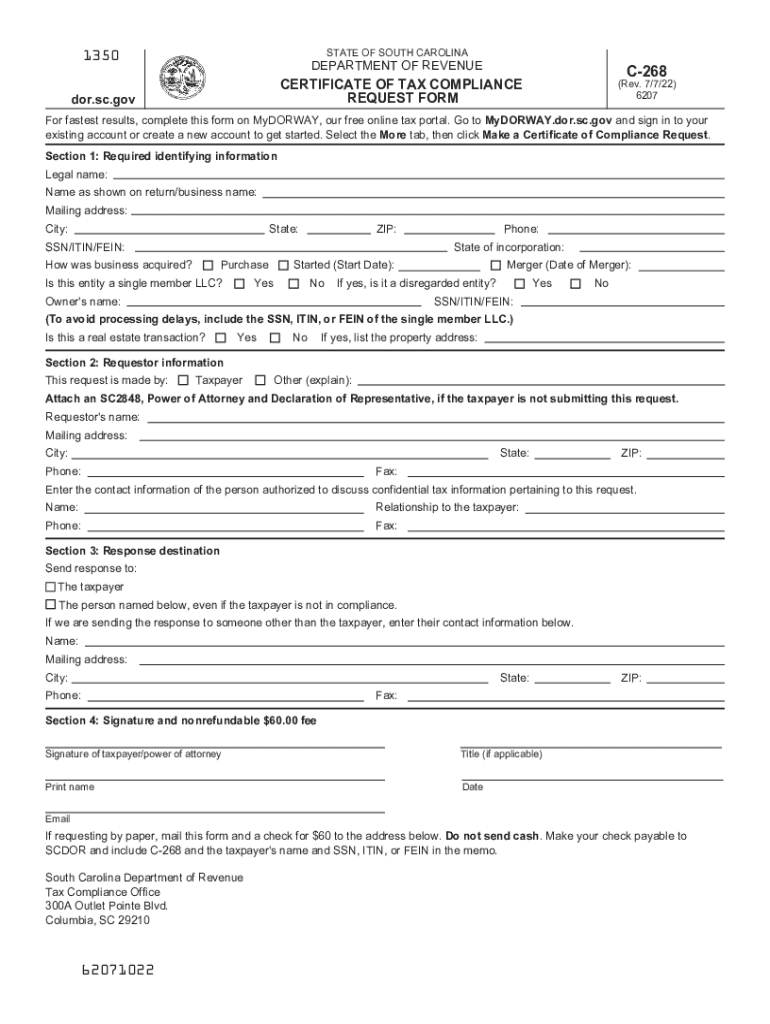  Dor Sc Govforms SiteForms1350 DEPARTMENT of REVENUE C 268 CERTIFICATE of TAX 2022-2024