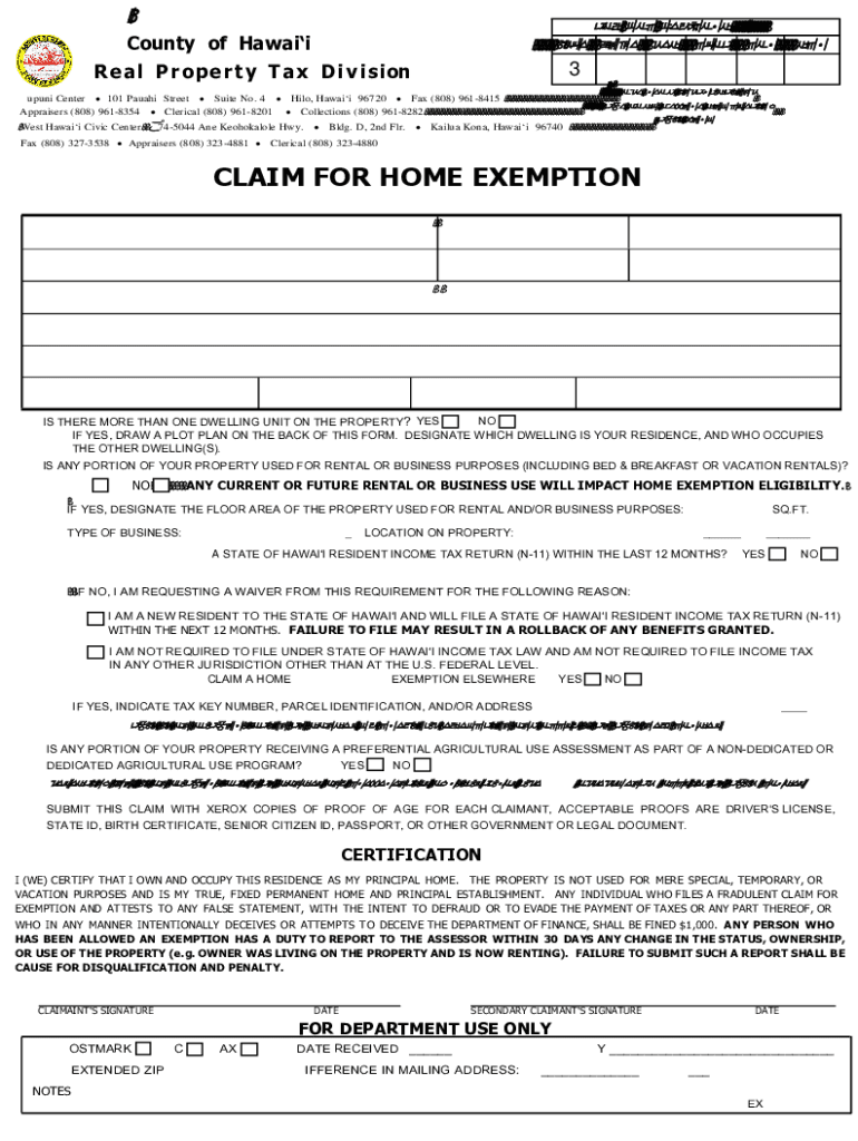  CLAIM for HOME EXEMPTION Hawaii Property Taxes 2022-2024