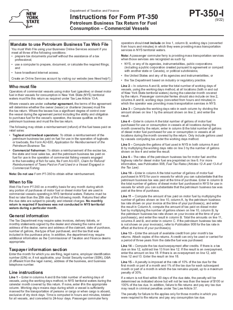  Instructions for Form PT 350 Petroleum Business Tax Return for Fuel Consumption Commercial Vessels Revised 922 2022-2024