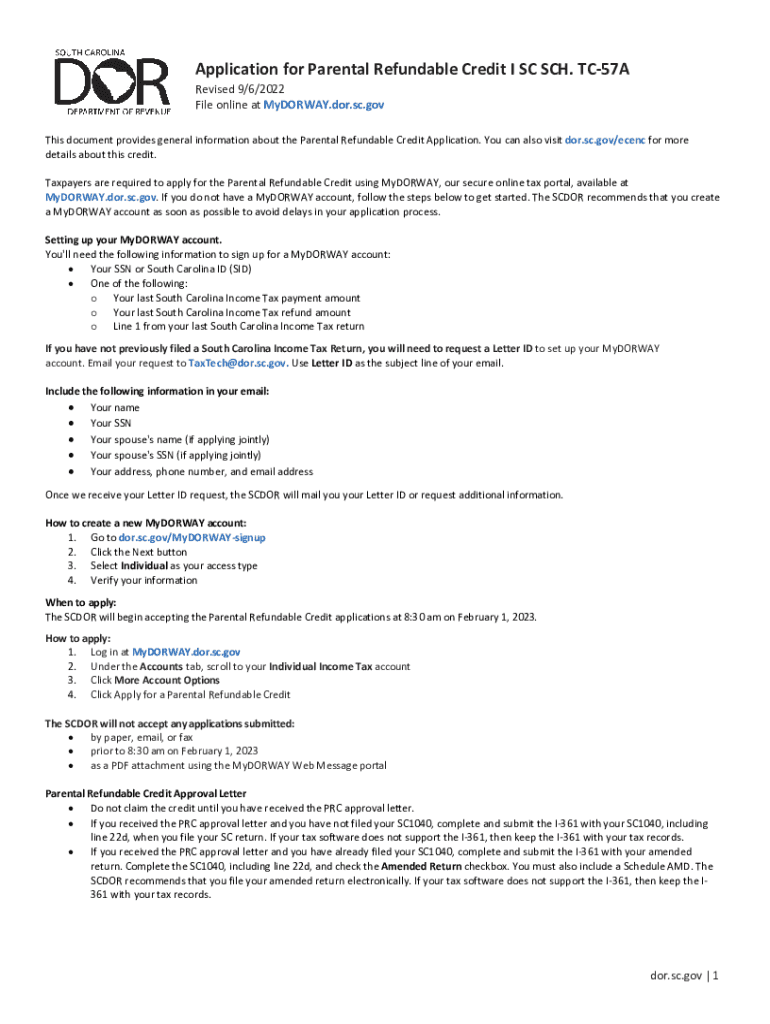  Application for Parental Refundable Credit I SC SCH TC 57A 2022-2024