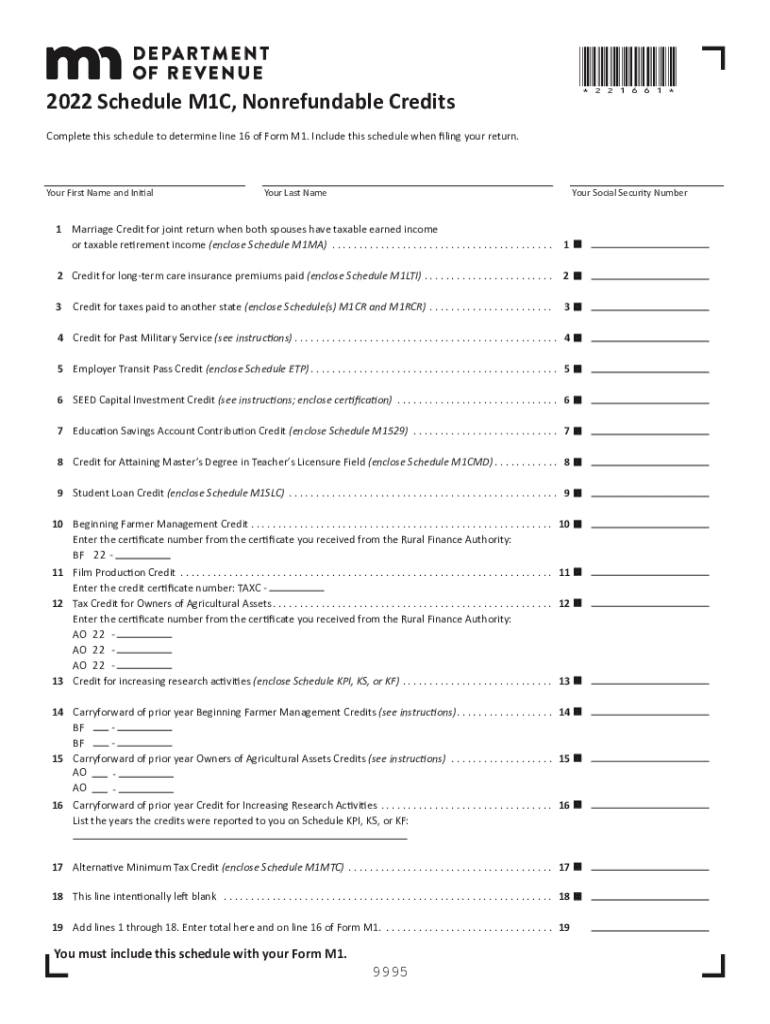  Minnesota Form M1C Other Nonrefundable Credits Onscreen Version 2022-2024