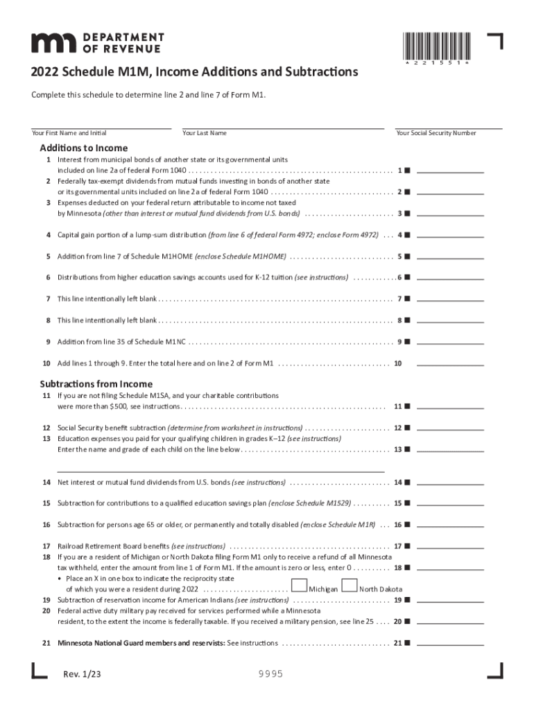  Minnesota Form M1M Income Additions and Subtractions TaxFormFinder 2022-2024